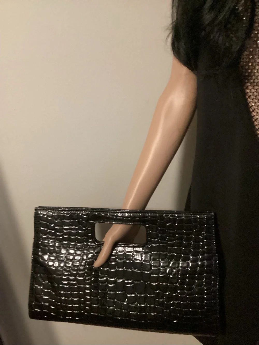 Black Croc-Embossed Patent Wristlet Clutch